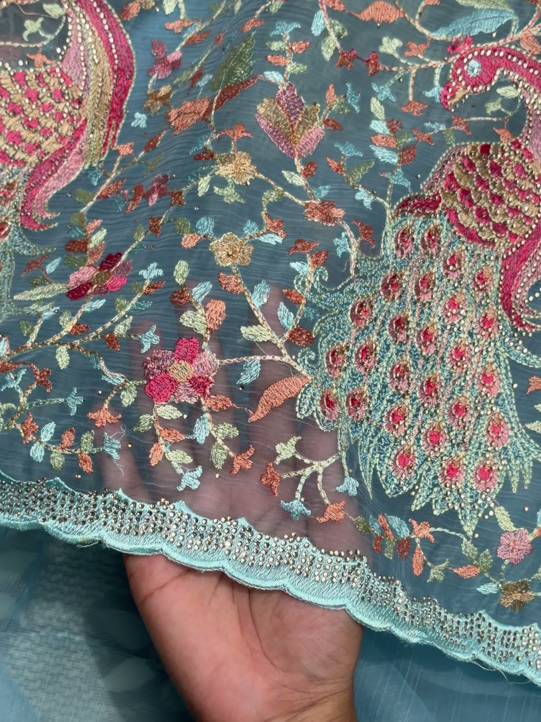 Peacock Floral Embroidered Net Saree in Teal Blue