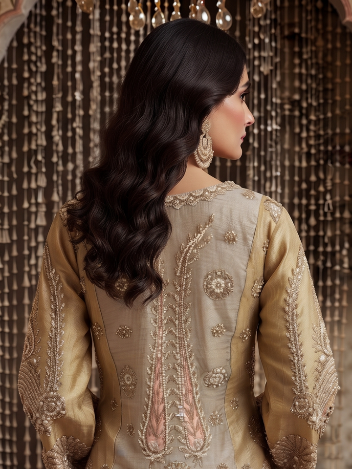 Dual-Tone Embroidered Kurta with Sharara Set in Beige Gold