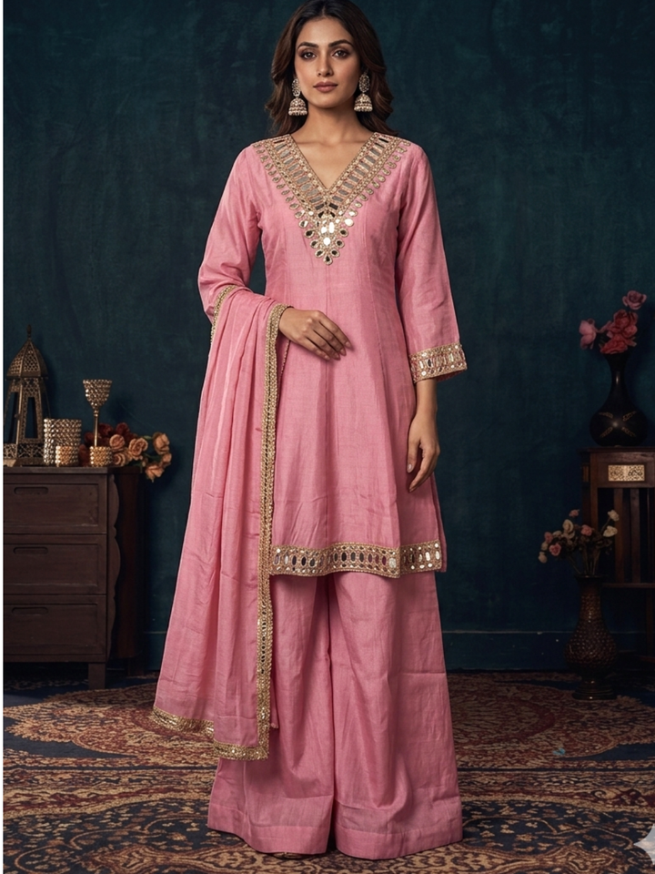 Mirror Work Silk Kurta with Sharara and Dupatta with Geometric Mirror Pattern