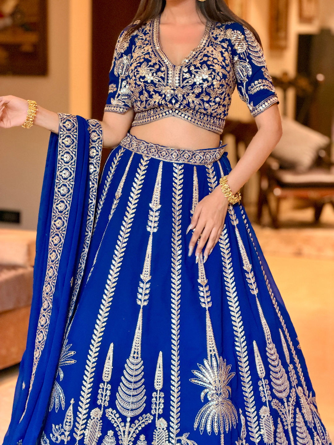 Royal Blue Sequin & Zari Embroidered Botanical Motif Lehenga Choli with Dupatta