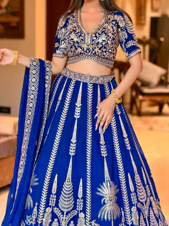 Royal Blue Sequin & Zari Embroidered Botanical Motif Lehenga Choli with Dupatta