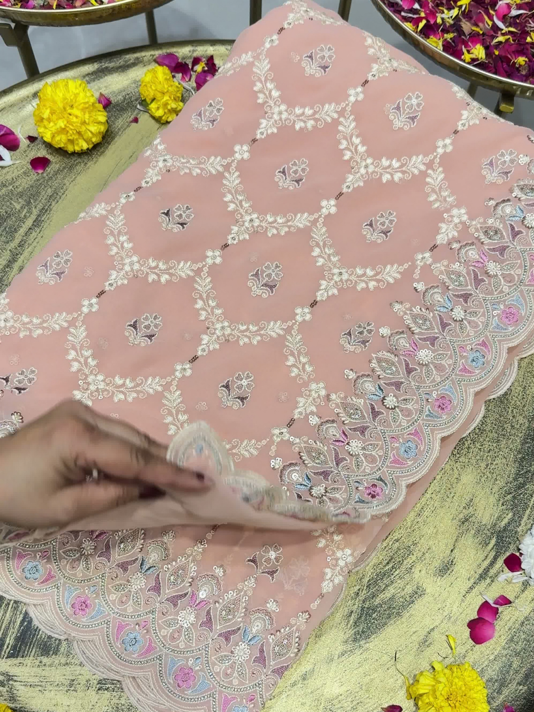 Peach Multicolor Embroidered Trellis Saree with Scalloped Border