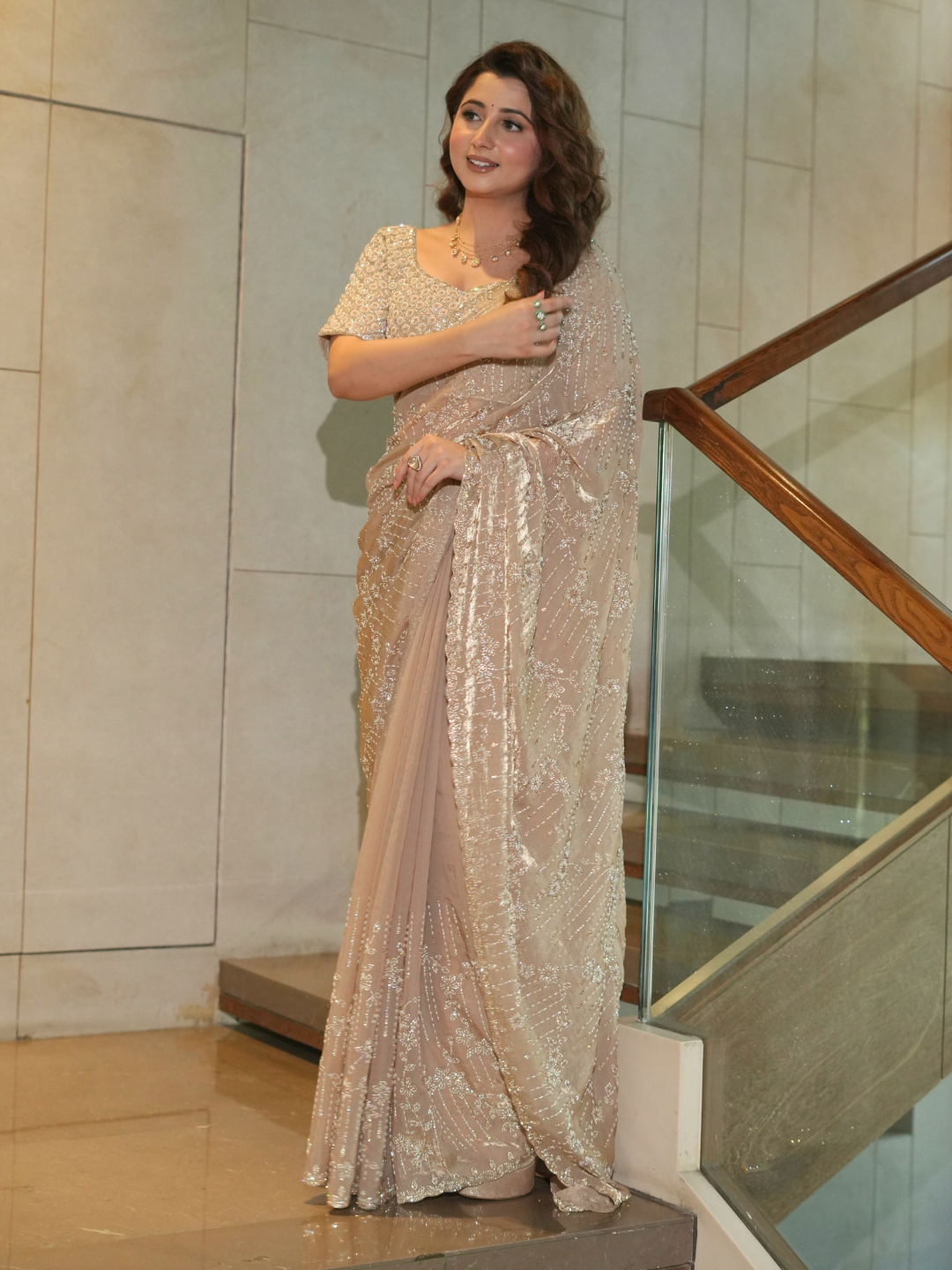 Georgette Saree with Silver Sequin Beads Embroidery, Floral & Scalloped Border