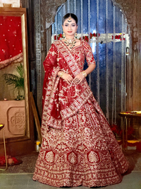 Zardozi Embroidered Bridal Lehenga Choli Set in Maroon Red