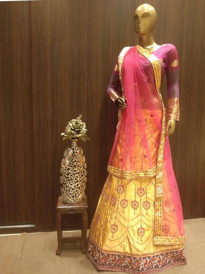 Gold Semi-Stitched Lehenga Set with Contrast Dupatta With Placement Embroidery
