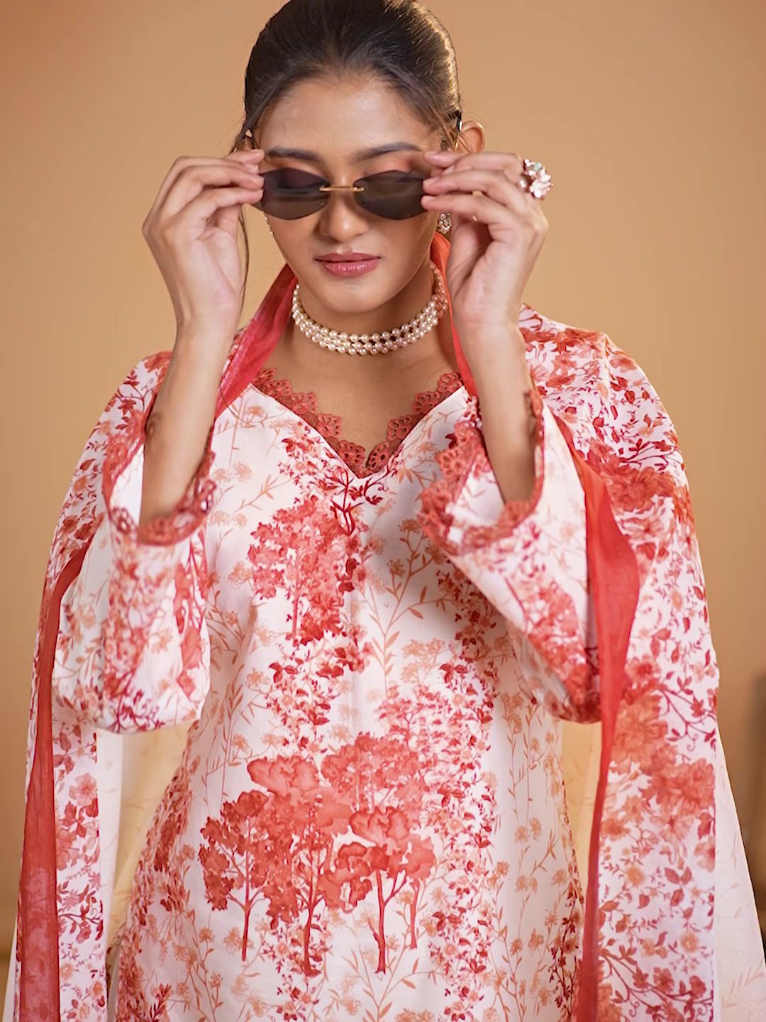 Cotton Floral Printed & Embroidered Unstitched Suit Dupatta in White & Red