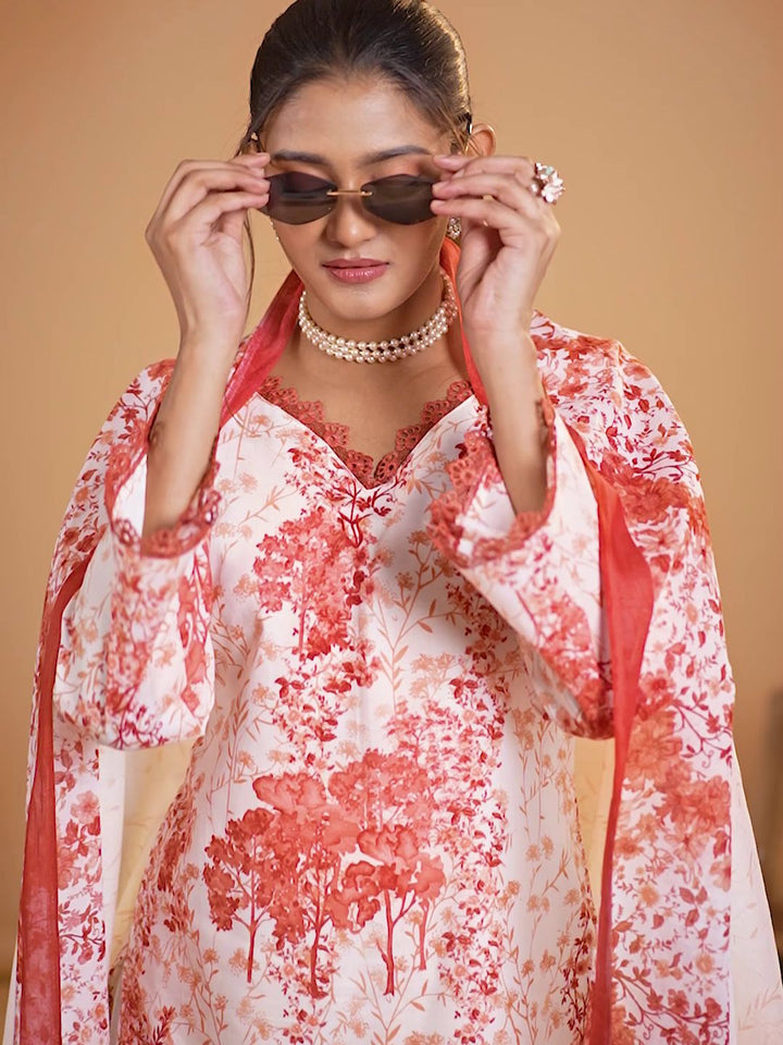 Cotton Floral Printed & Embroidered Unstitched Suit Dupatta in White & Red