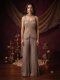 Sleeveless Embellished Waistcoat Blouse with Palazzo Set in Taupe Grey