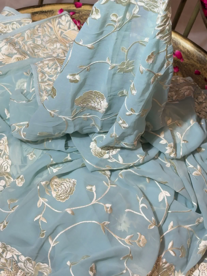 Floral Embroidered Georgette Saree in Sky Blue