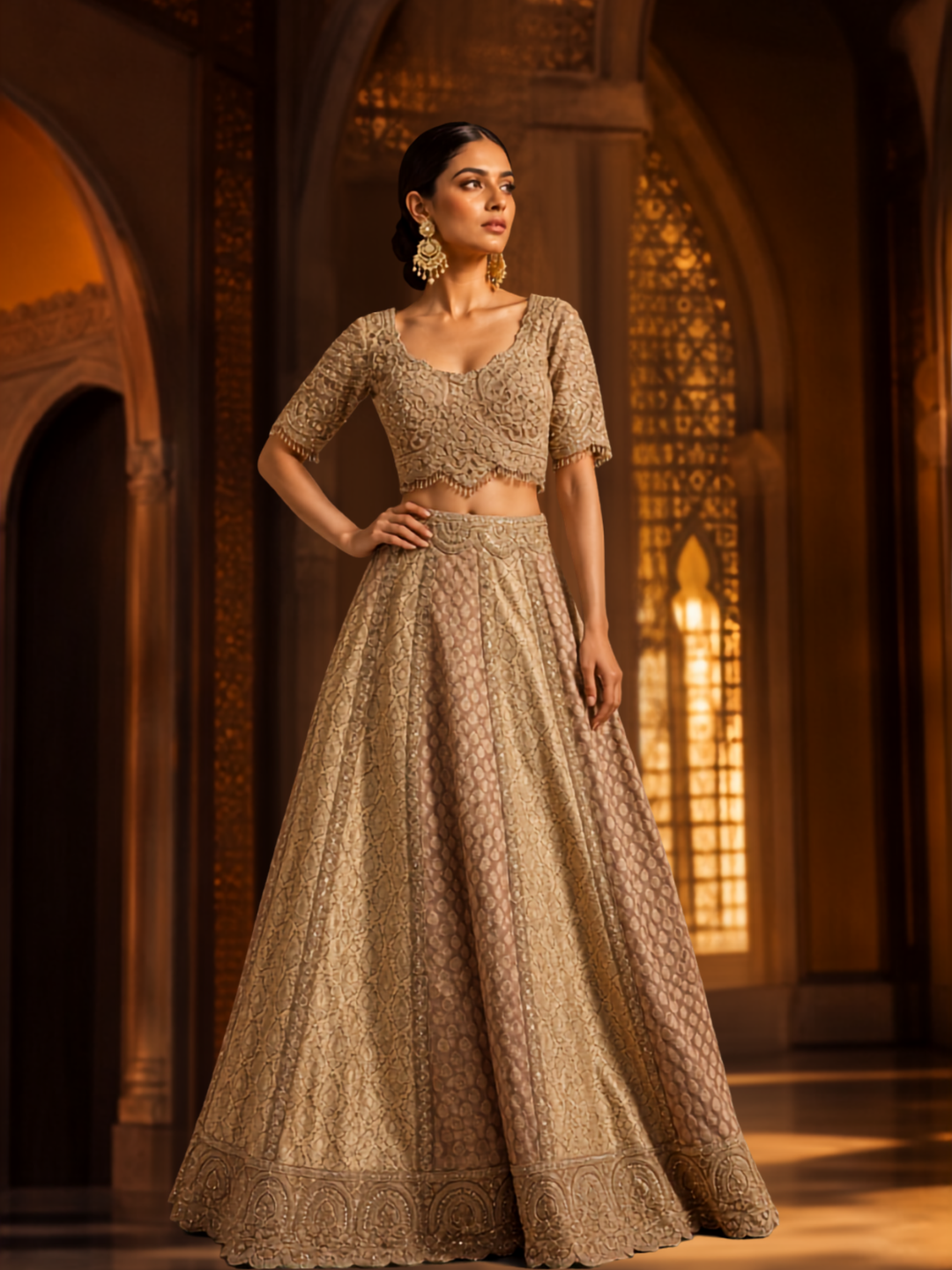 Net Bridal Lehenga Choli with Heavy Zari, Cutdana & Stone Embroidery with Scalloped Dupatta
