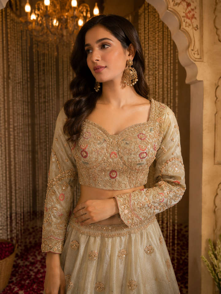 Silk Zari & Meenakari Embroidered Bridal Lehenga Choli with Dupatta in Ivory & Mint
