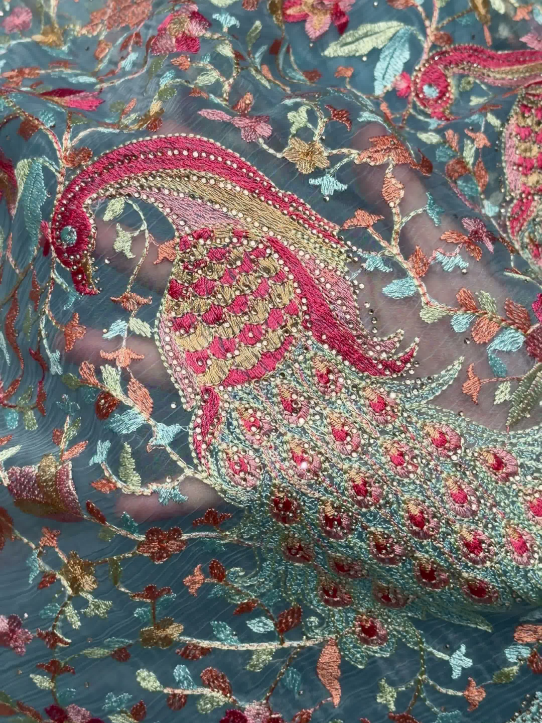 Peacock Floral Embroidered Net Saree in Teal Blue