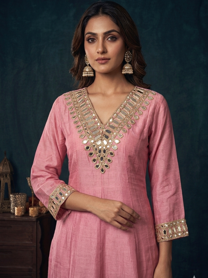 Mirror Work Silk Kurta with Sharara and Dupatta with Geometric Mirror Pattern