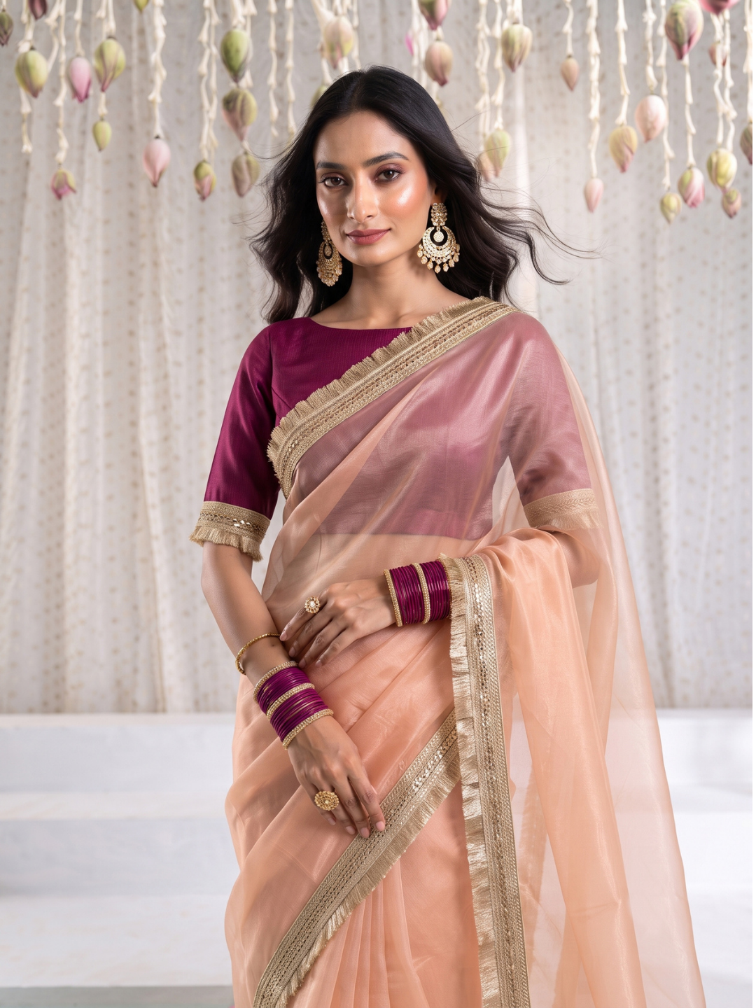 Tissue Organza Saree with Gold Zari Sequin Lace & Fringe Border