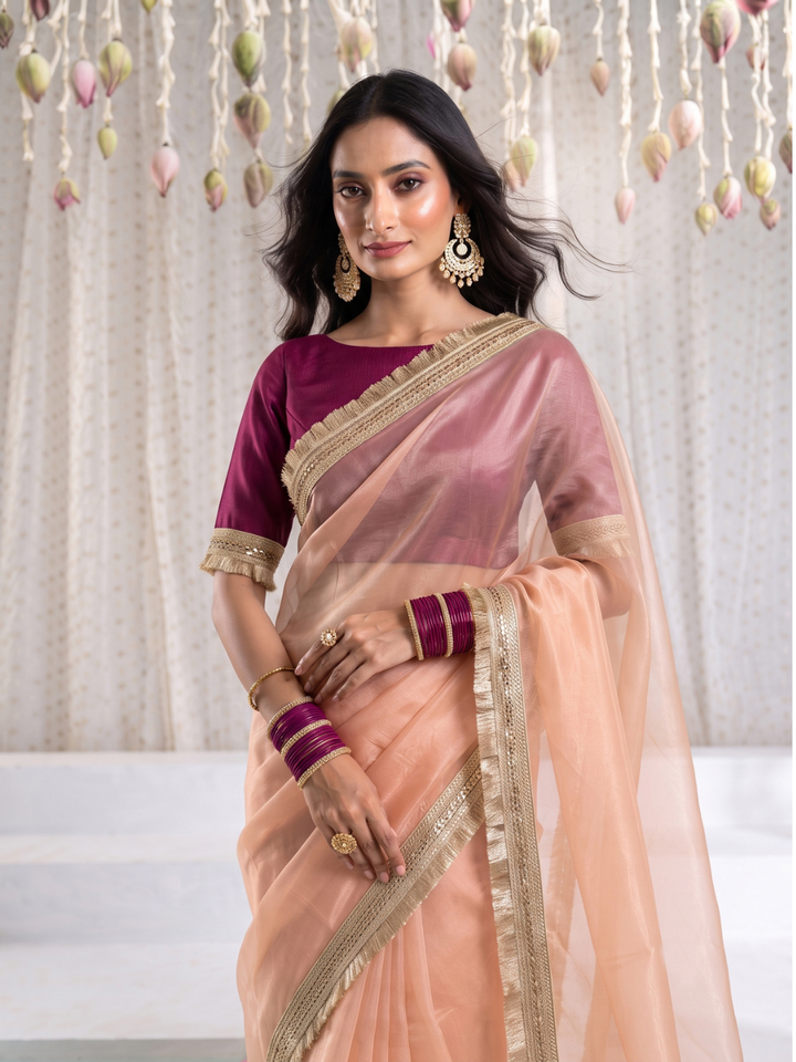 Tissue Organza Saree with Gold Zari Sequin Lace & Fringe Border