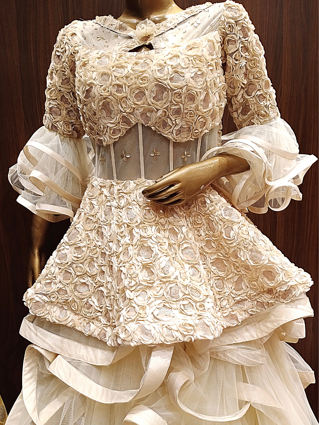 Gold Flared Net Gown with Ribbon Embroidery & Ruffles And Layering