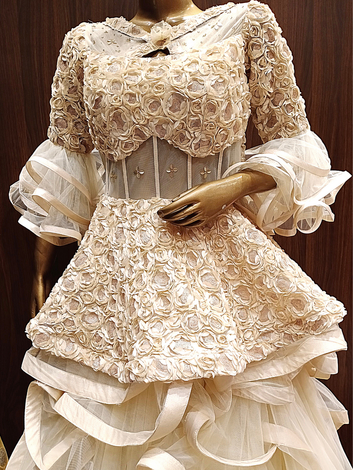 Gold Flared Net Gown with Ribbon Embroidery & Ruffles And Layering