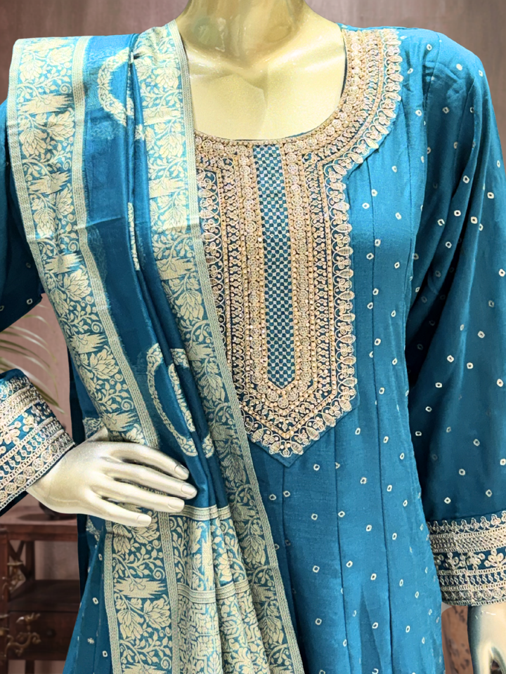 Silk Bandhani Zari Embroidered Anarkali with Banarasi Dupatta in Blue