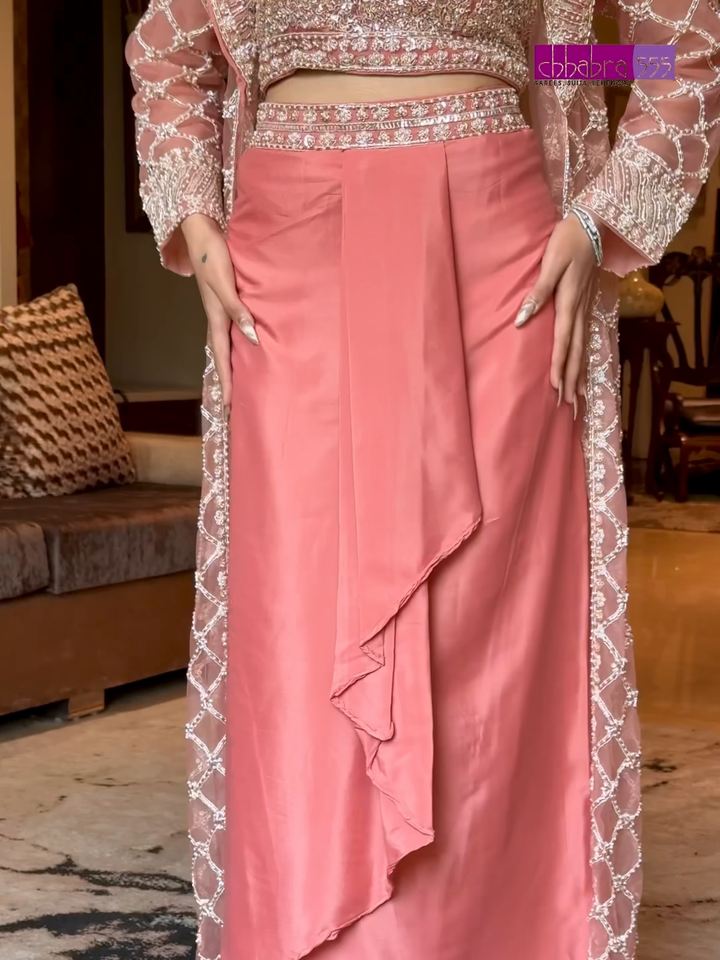Net Heavy Sequin Embroidered Crop Top with Dhoti and Full Sleeve Embroidered Jacket in Peach