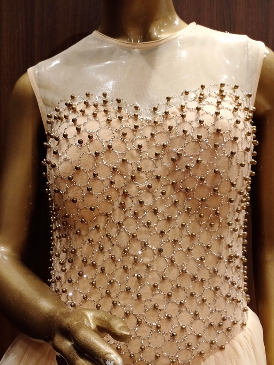 Pastel Rose Gold Flared Gown With Pearl And Sequence Embroidery