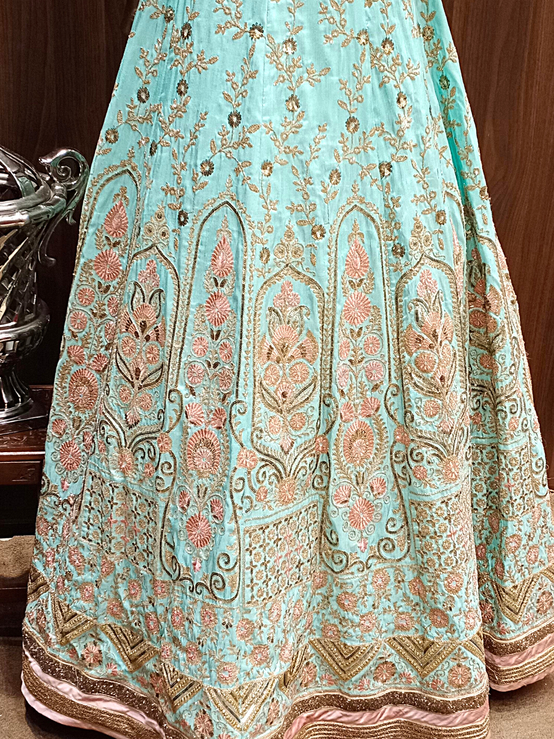Heavy Flared Silk Lehenga Set with Floral Resham Embroidery