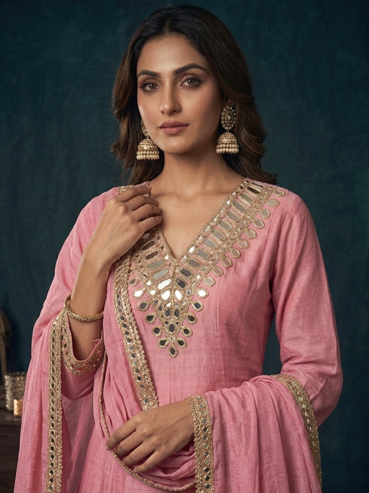 Mirror Work Silk Kurta with Sharara and Dupatta with Geometric Mirror Pattern