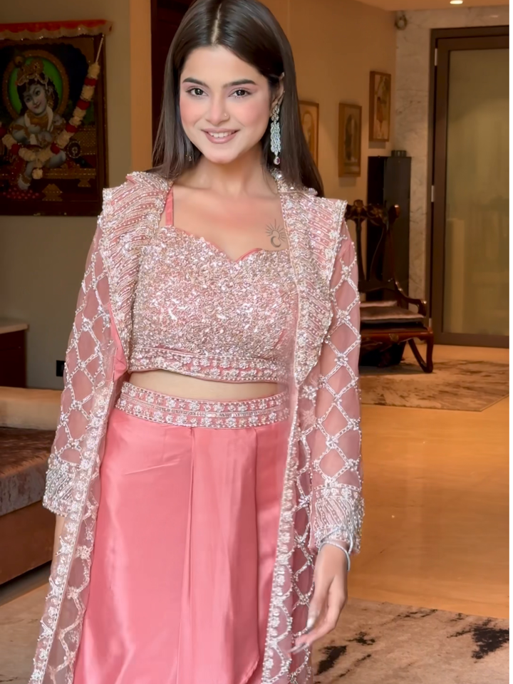 Net Heavy Sequin Embroidered Crop Top with Dhoti and Full Sleeve Embroidered Jacket in Peach