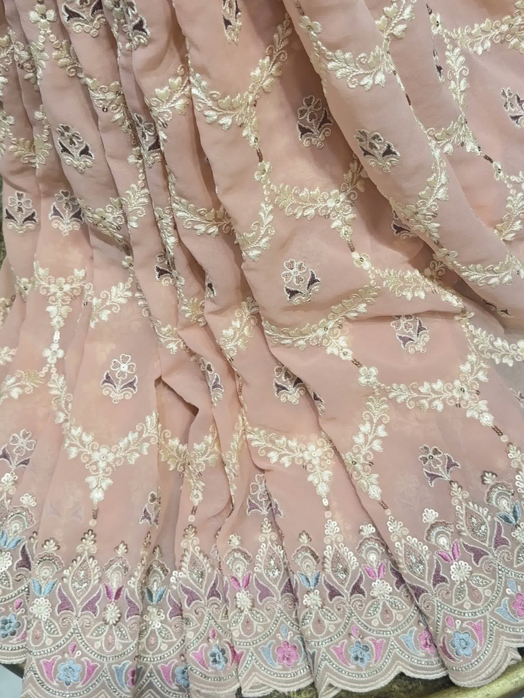 Peach Multicolor Embroidered Trellis Saree with Scalloped Border