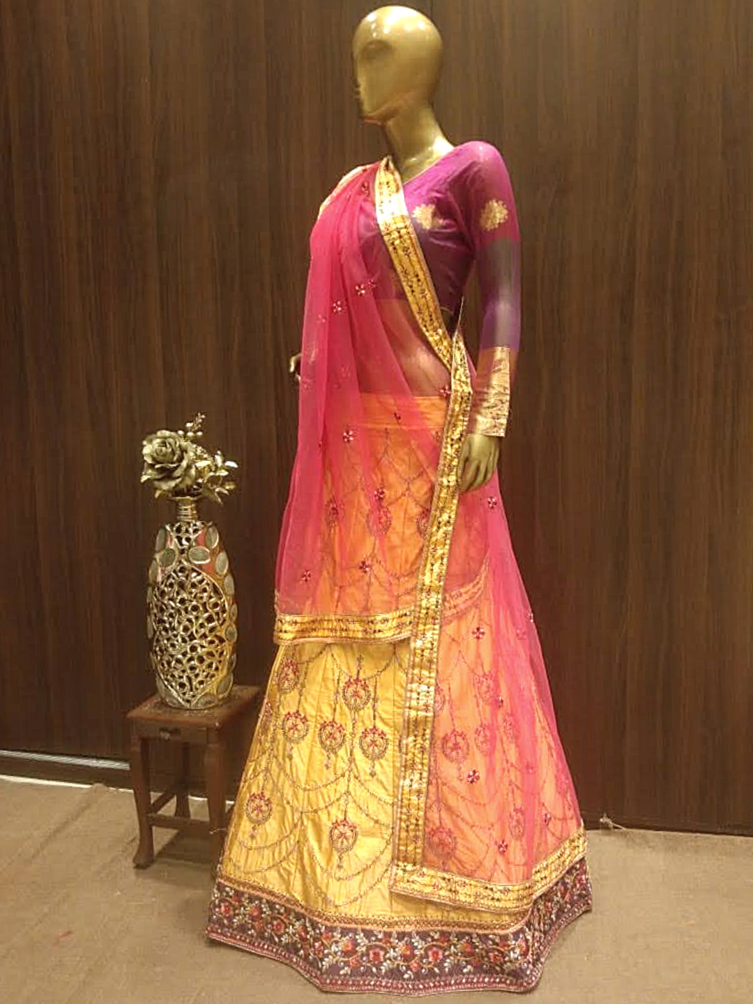 Gold Semi-Stitched Lehenga Set with Contrast Dupatta With Placement Embroidery