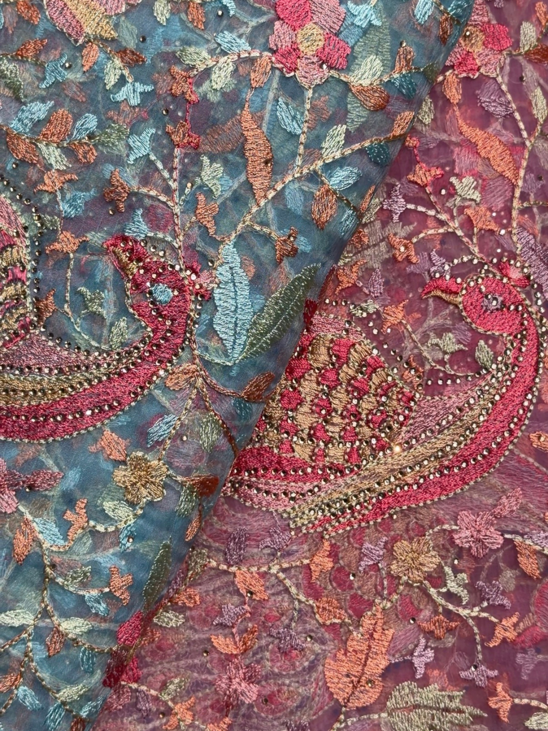 Peacock Floral Embroidered Net Saree in Mauve Wine