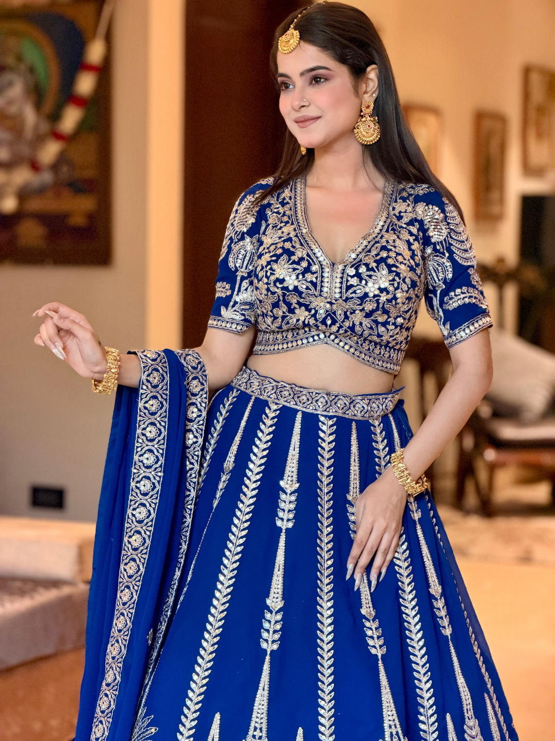 Royal Blue Sequin & Zari Embroidered Botanical Motif Lehenga Choli with Dupatta