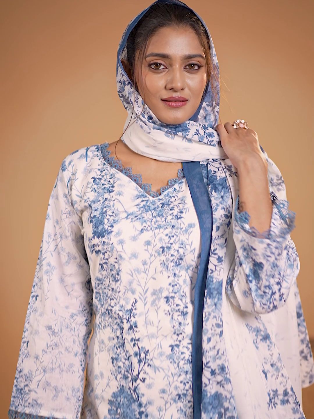 Cotton Floral Printed & Embroidered Unstitched Suit Dupatta in White & Steel Blue