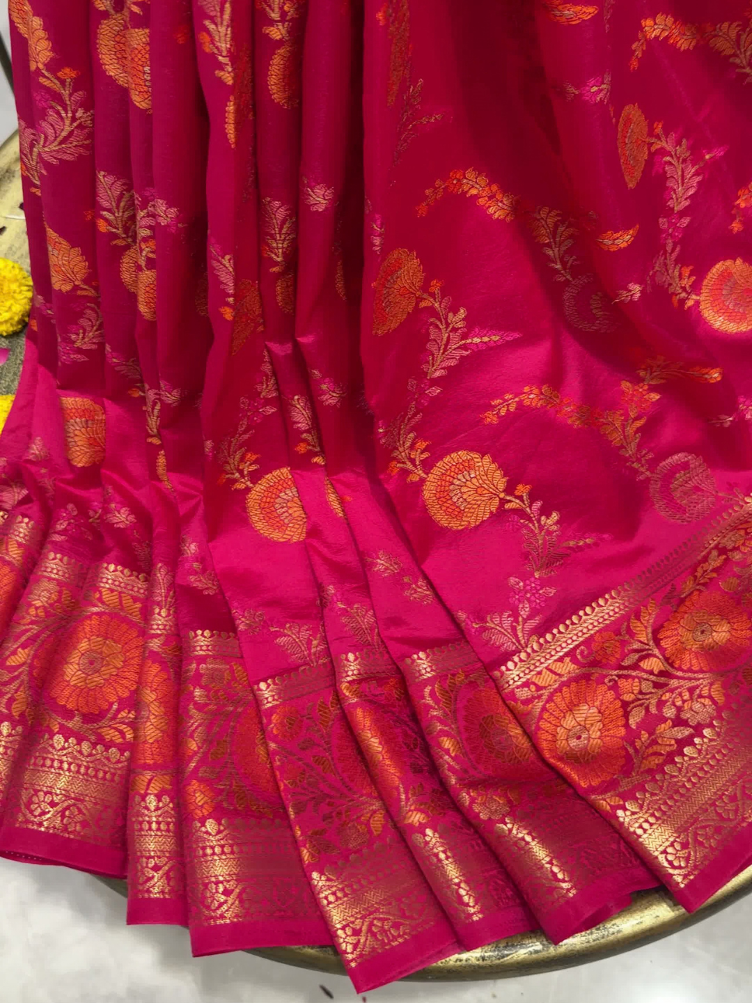 Banarasi Silk Saree with Zari Floral Circular Motifs and Tassel Border