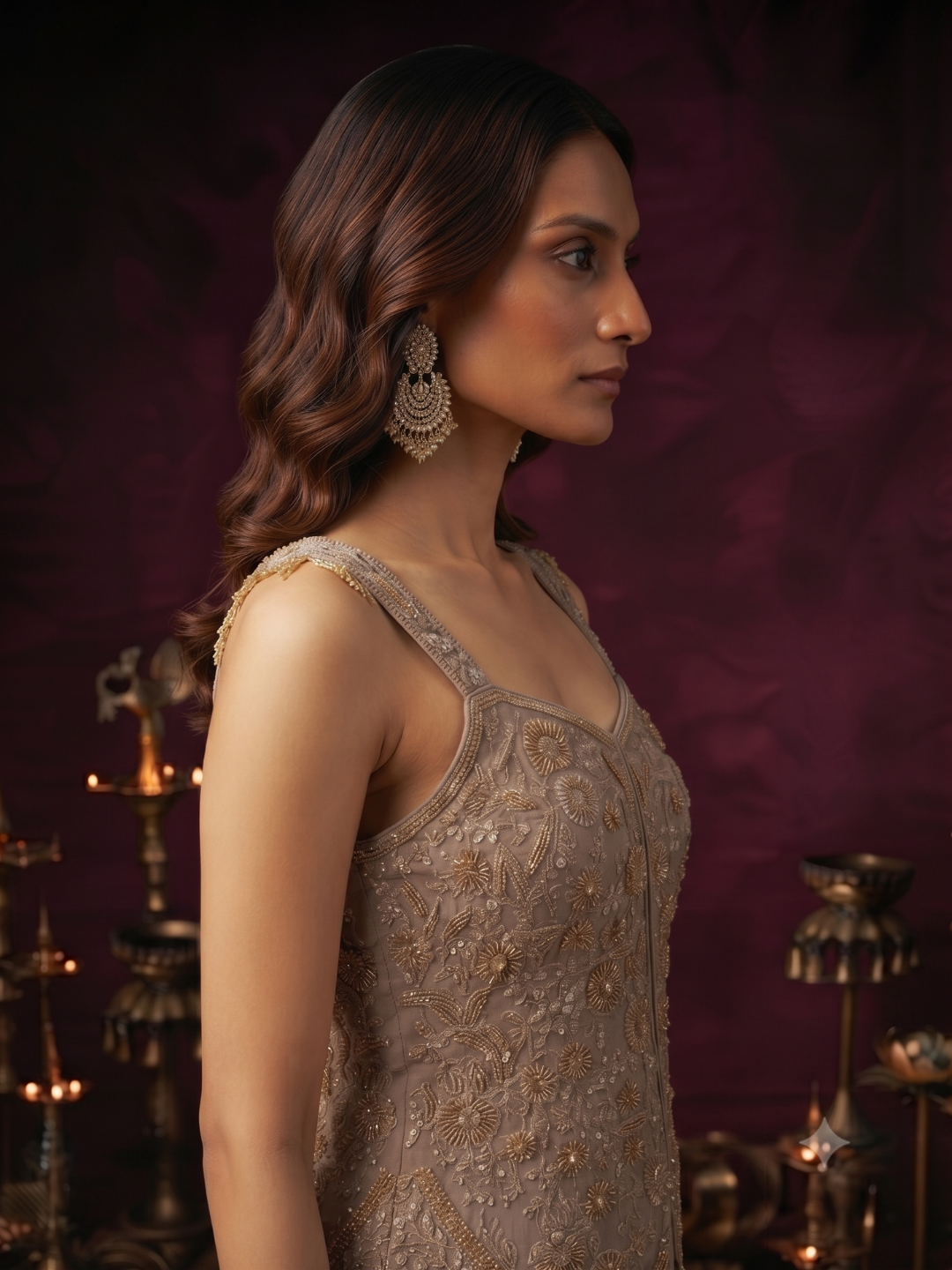 Sleeveless Embellished Waistcoat Blouse with Palazzo Set in Taupe Grey