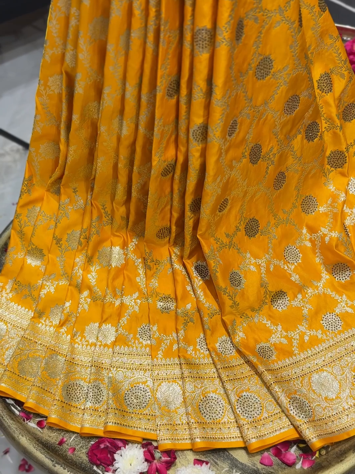 Satin Silk Heavy Zari Embroidered Floral Jaal Saree