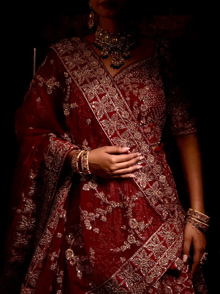 Zardozi Embroidered Bridal Lehenga Choli Set in Maroon Red