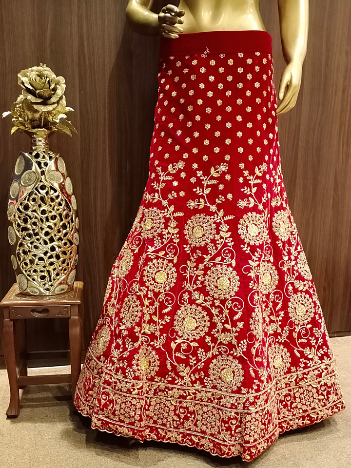 Embellished Semi-stitched Bridal Lehenga with Gold Zardozi Embroidery & Scalloped Dupatta