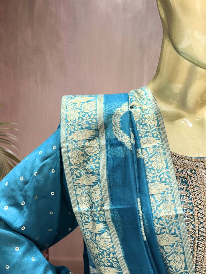 Silk Bandhani Zari Embroidered Anarkali with Banarasi Dupatta in Blue