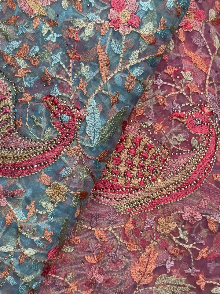 Peacock Floral Embroidered Net Saree in Teal Blue