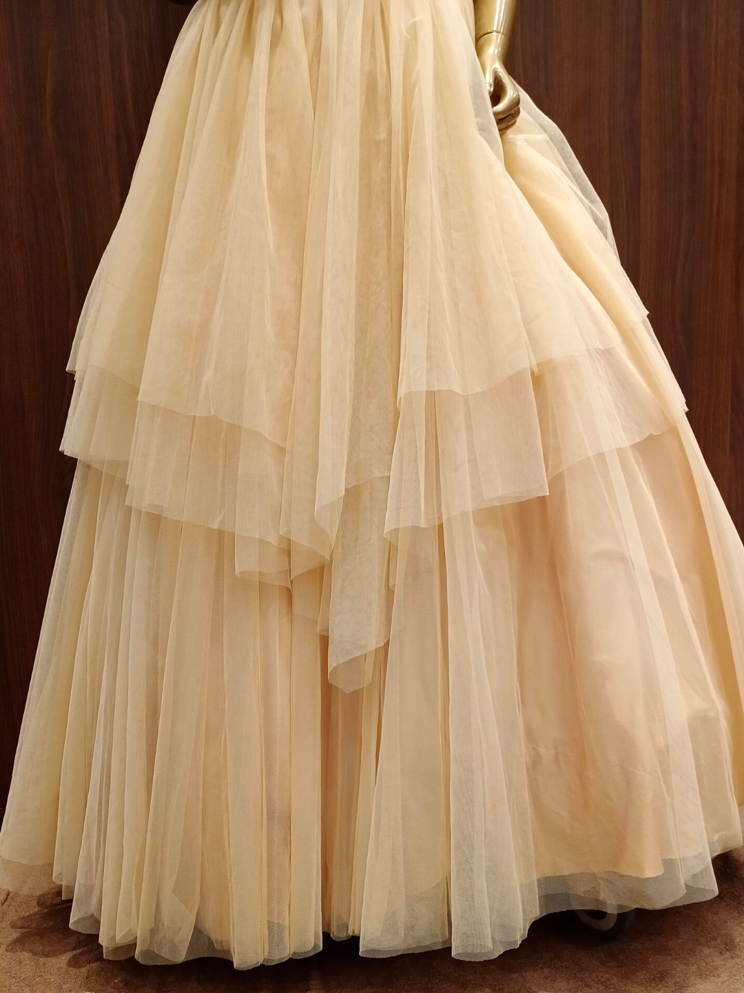 Pastel Rose Gold Flared Gown With Pearl And Sequence Embroidery