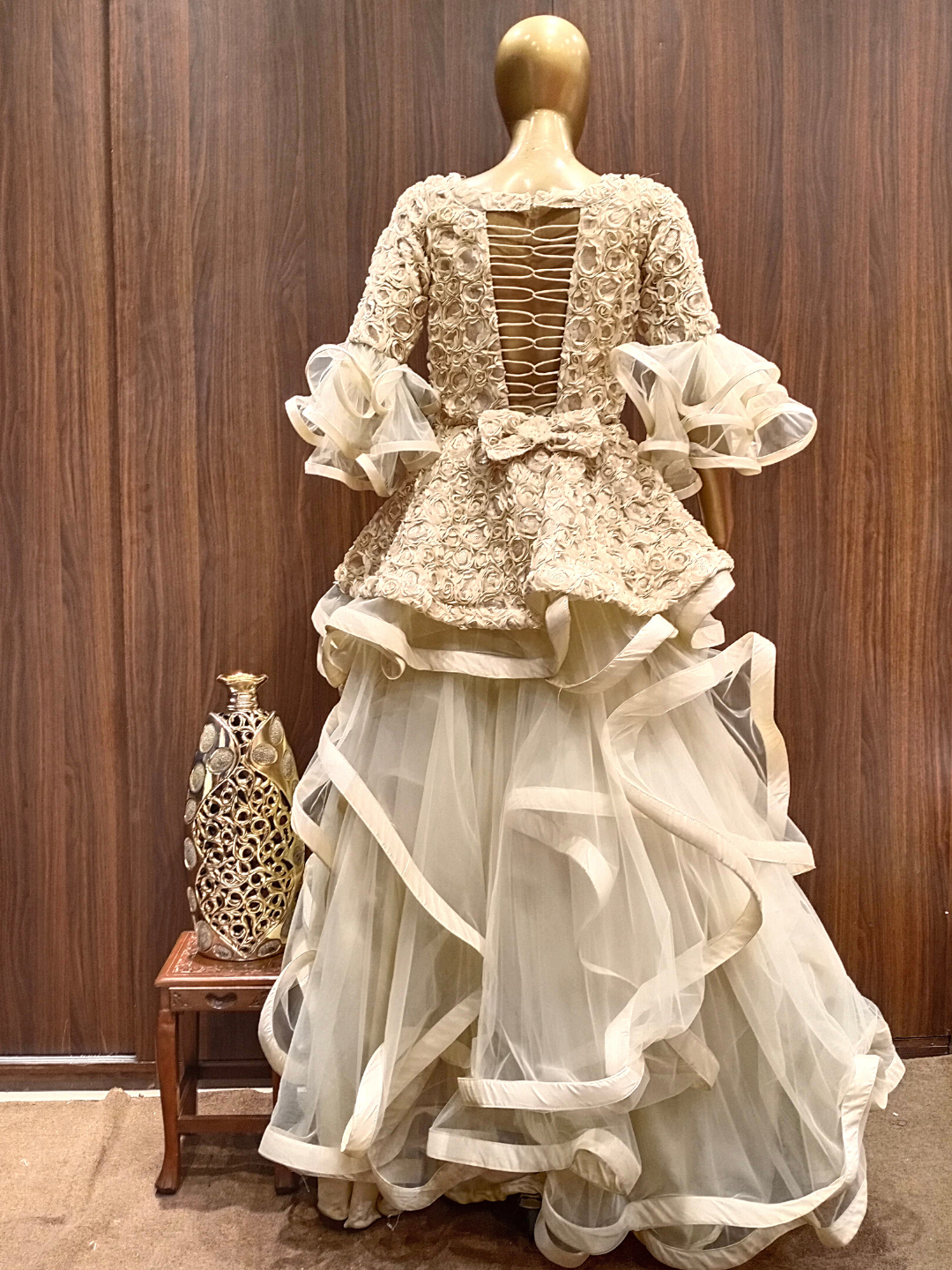 Gold Flared Net Gown with Ribbon Embroidery & Ruffles And Layering