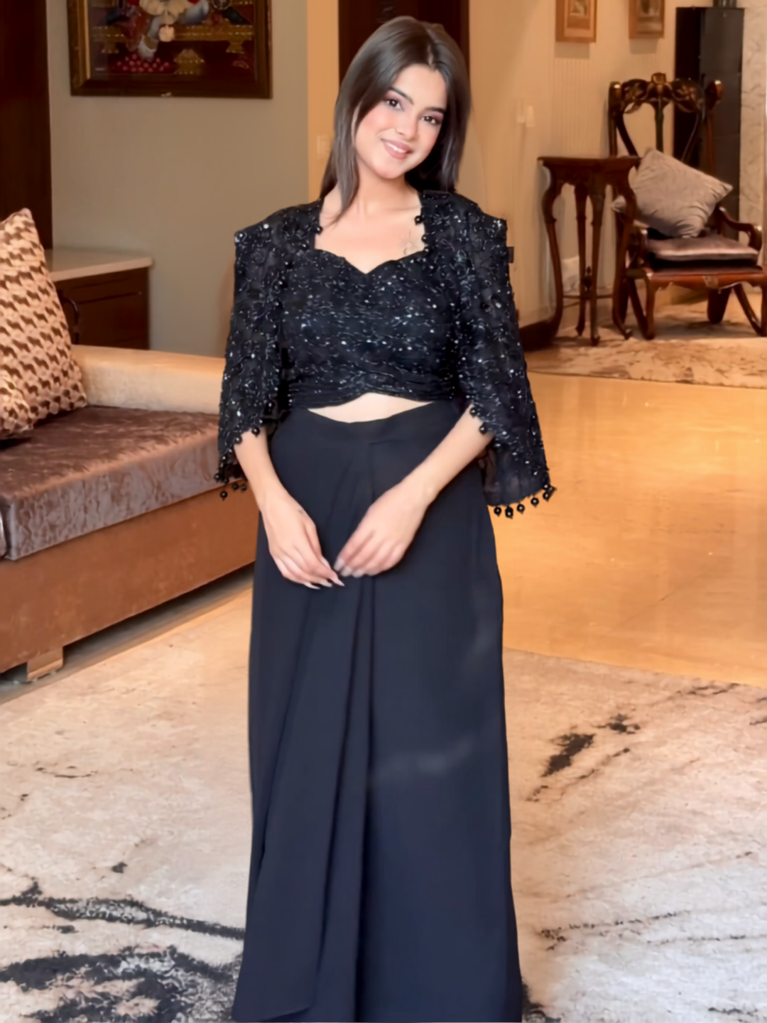 Heavy Sequin Embroidered Crop Top with Dhoti and Sequin Lace Jacket in Black