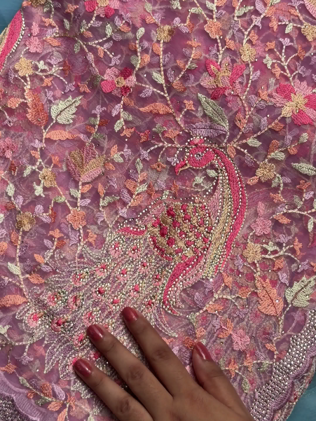Peacock Floral Embroidered Net Saree in Mauve Wine