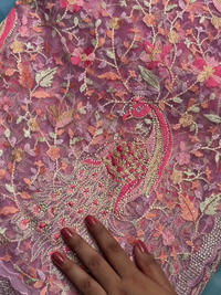 Peacock Floral Embroidered Net Saree in Mauve Wine