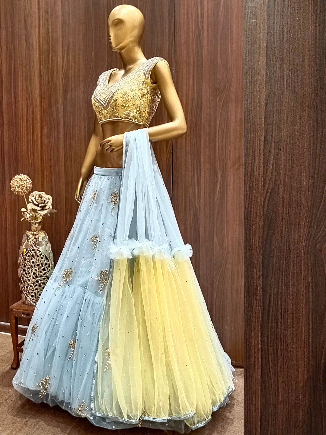 Ruffled Mirror Work Lehenga Set With Hand Pearl Embroidery Blouse