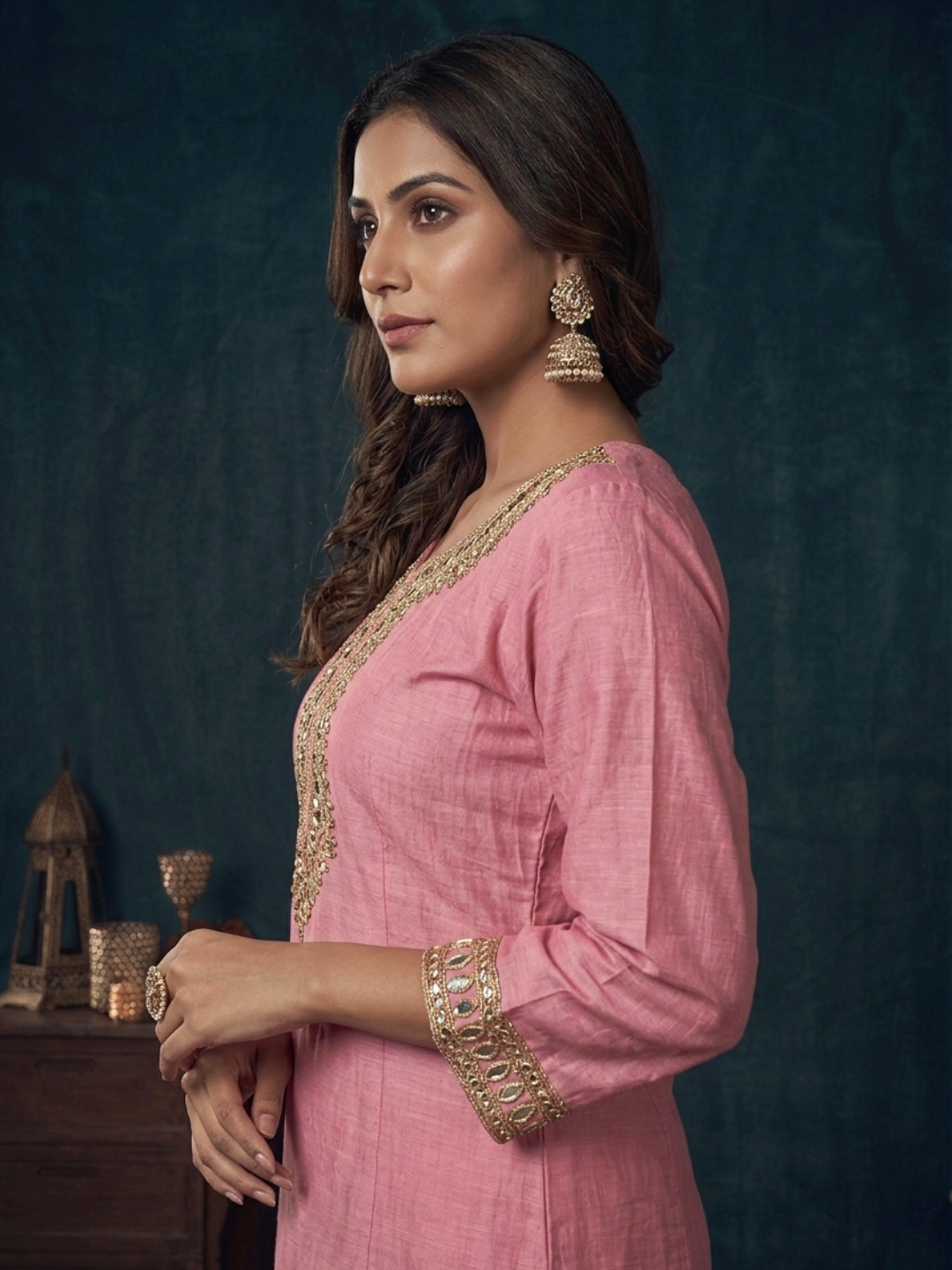 Mirror Work Silk Kurta with Sharara and Dupatta with Geometric Mirror Pattern