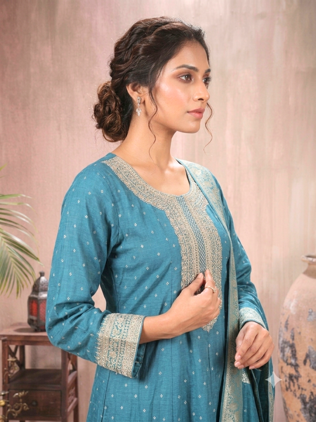 Silk Bandhani Zari Embroidered Anarkali with Banarasi Dupatta in Blue