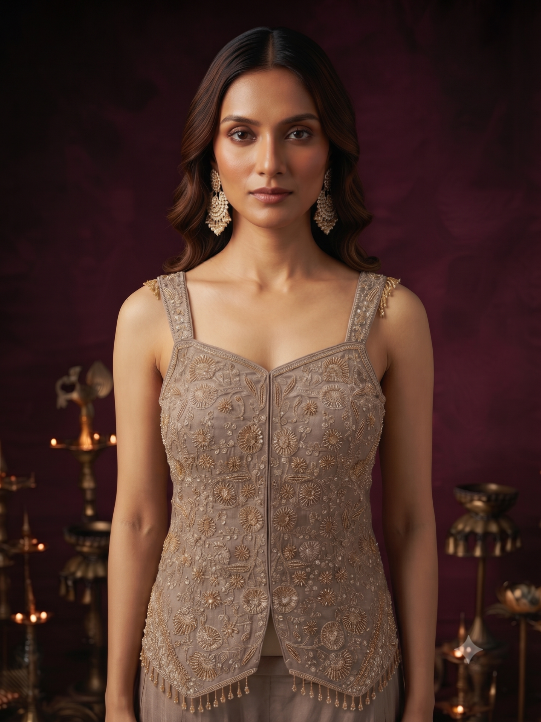 Sleeveless Embellished Waistcoat Blouse with Palazzo Set in Taupe Grey