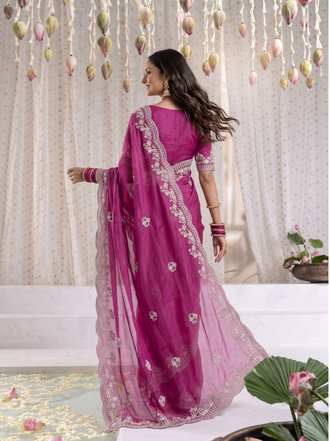 Organza Saree with Silver Zari Floral Butta Embroidery & Scalloped Cutwork Border