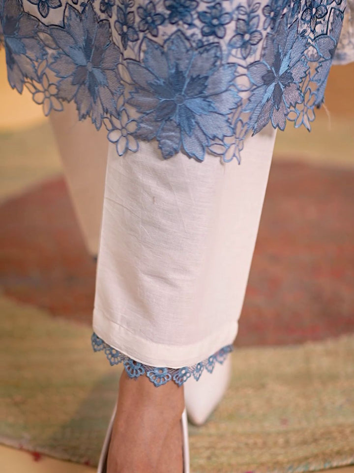 Cotton Floral Printed & Embroidered Unstitched Suit Dupatta in White & Steel Blue